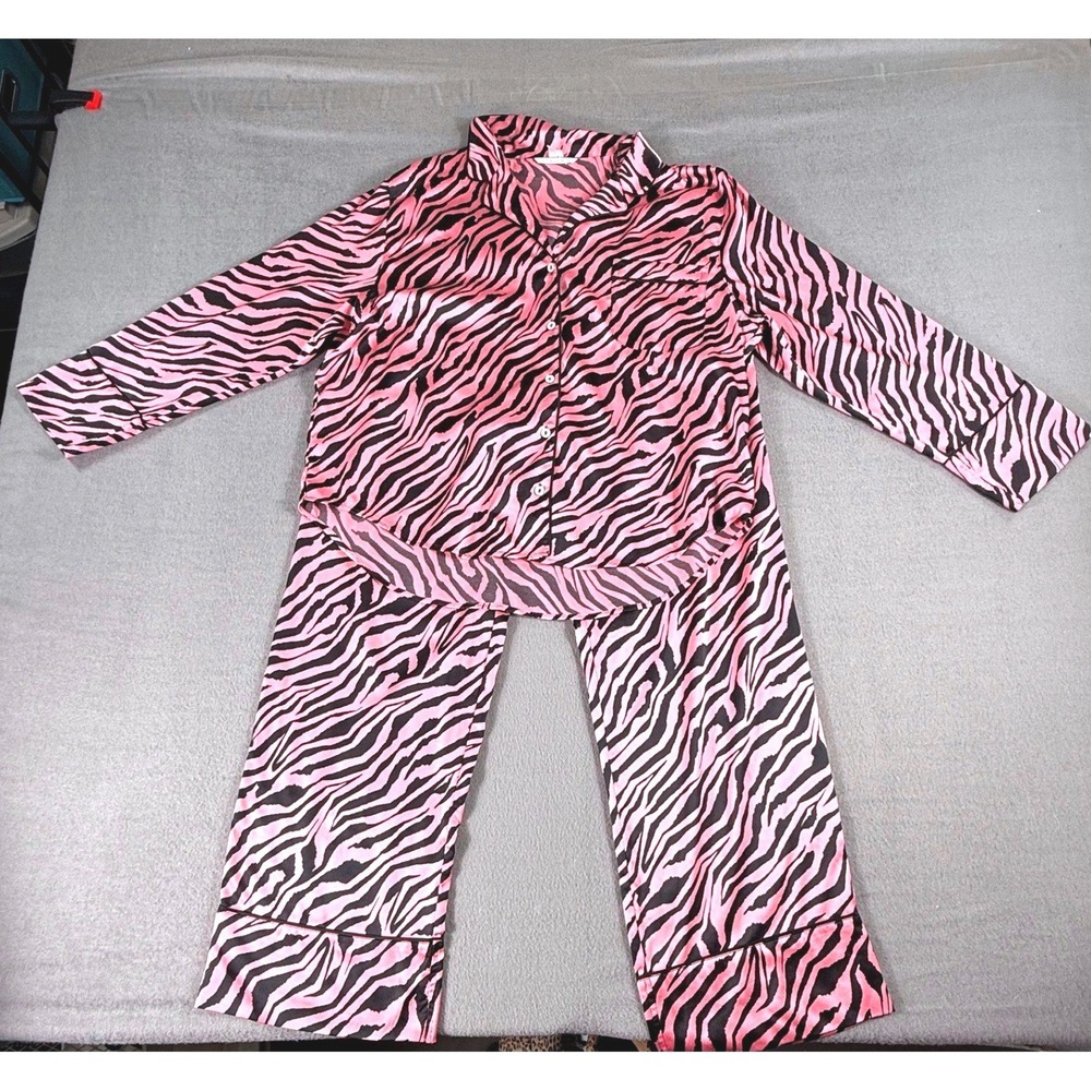 Victoria's Secret Zebra Print Pajama Set Pink Black Button‎ Top Pants XL Comfort